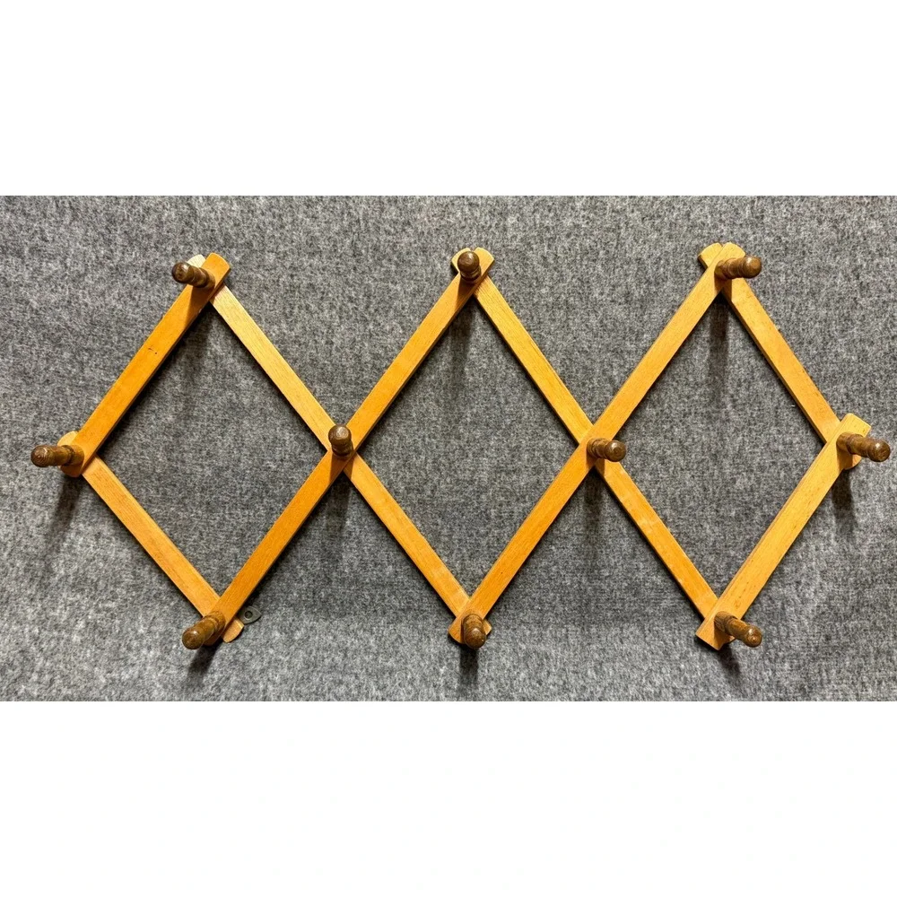 Vintage Wood Accordion Wall Rack Expandable 10 Peg Hat Coat Mug Rack Natural